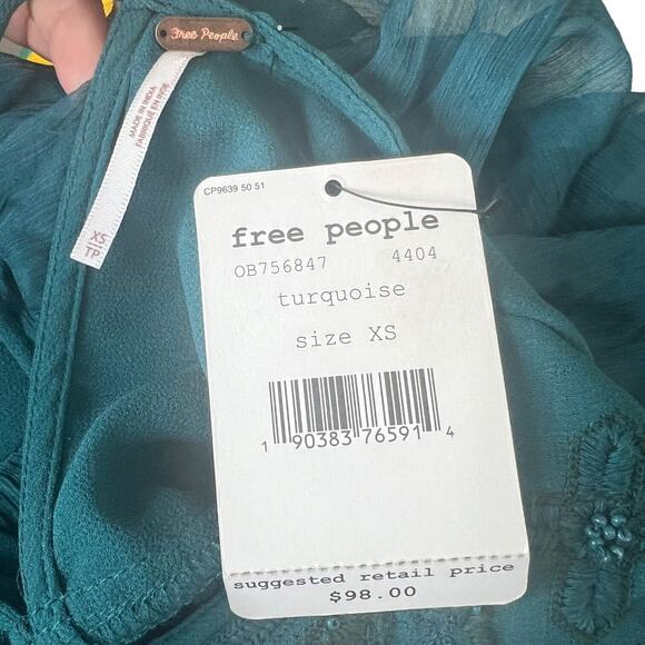 Free People Retro Femme Sheer Beaded Long Sleeve Blouse NWT Turquoise FLAW XS - Picture 8 of 11